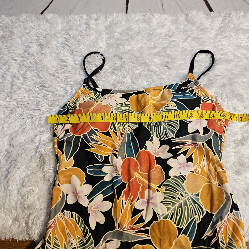 Floral‎ One Piece Swimsuit Tropical Print Black Orange Yellow Bathing Suit Sz L - Picture 11 of 16